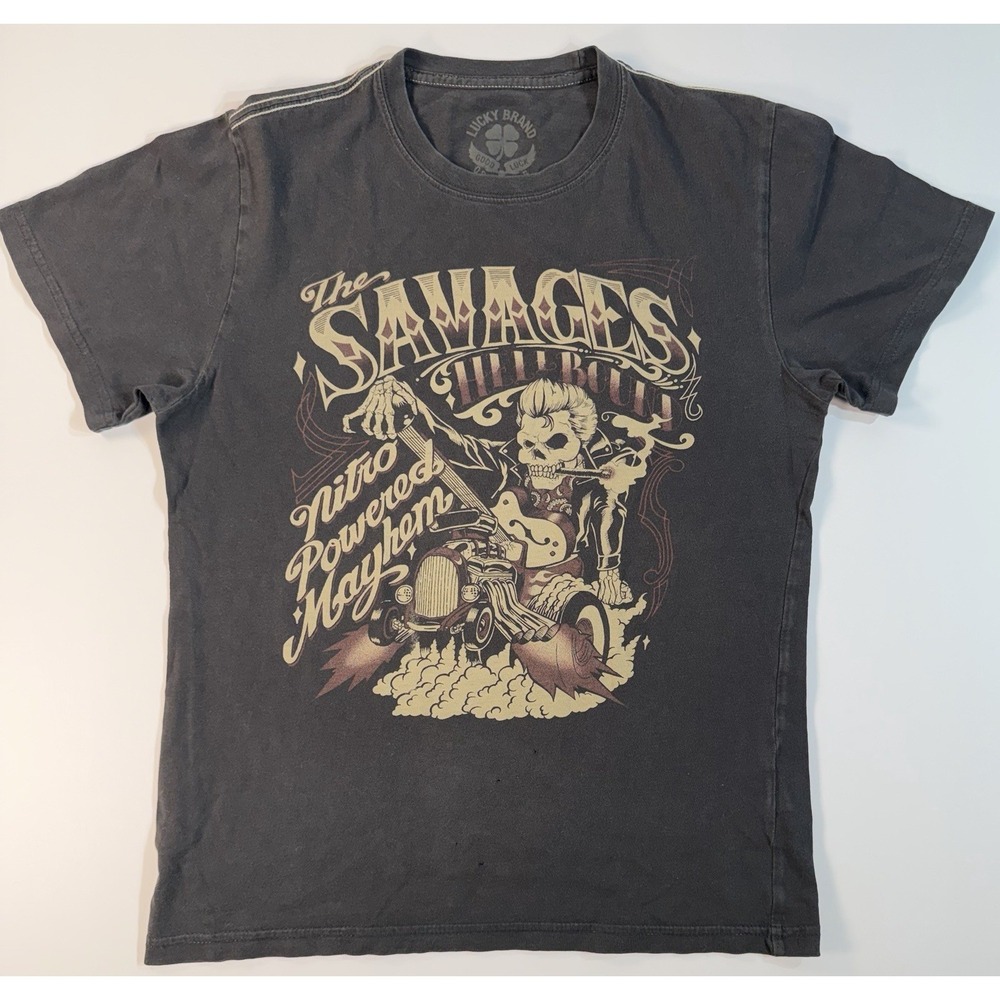 Lucky Brand Savage Till I Die Skull Tee Mens‎ XS Black Biker Rock Graphic